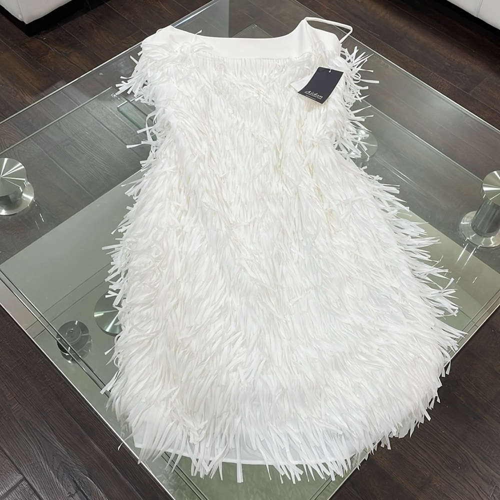 NWT Aidan MATTOX ivory white cocktail gatsby fringe midi dress satin square 0